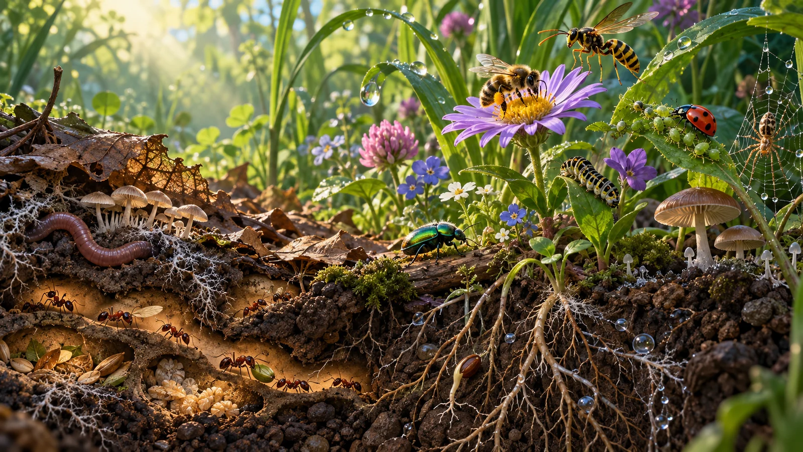 Concept art of ants, bees, a wasp, beetles, worms, fungi, roots, and flowers sharing a patch of fertile undergrowth