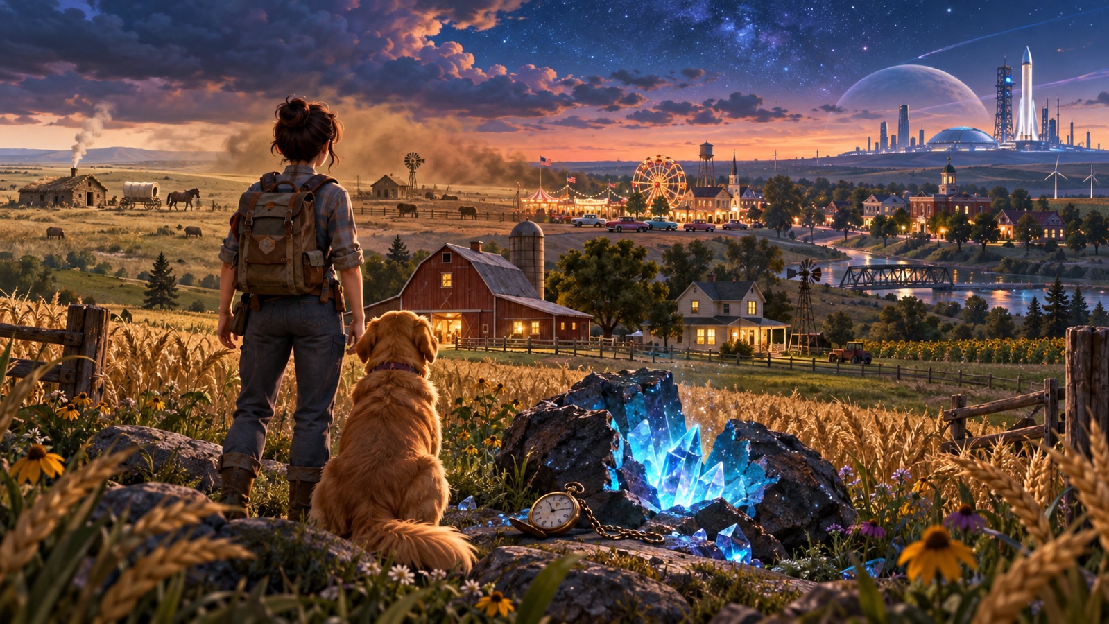Concept art of a farmer and golden retriever overlooking a Kansas farm, glowing starglass, historical prairie, a county fair, and a future spaceport