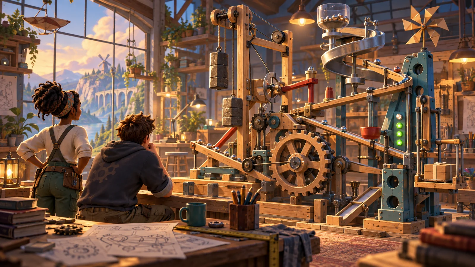 Concept art of two inventors testing a machine of gears, pulleys, ramps, and counterweights