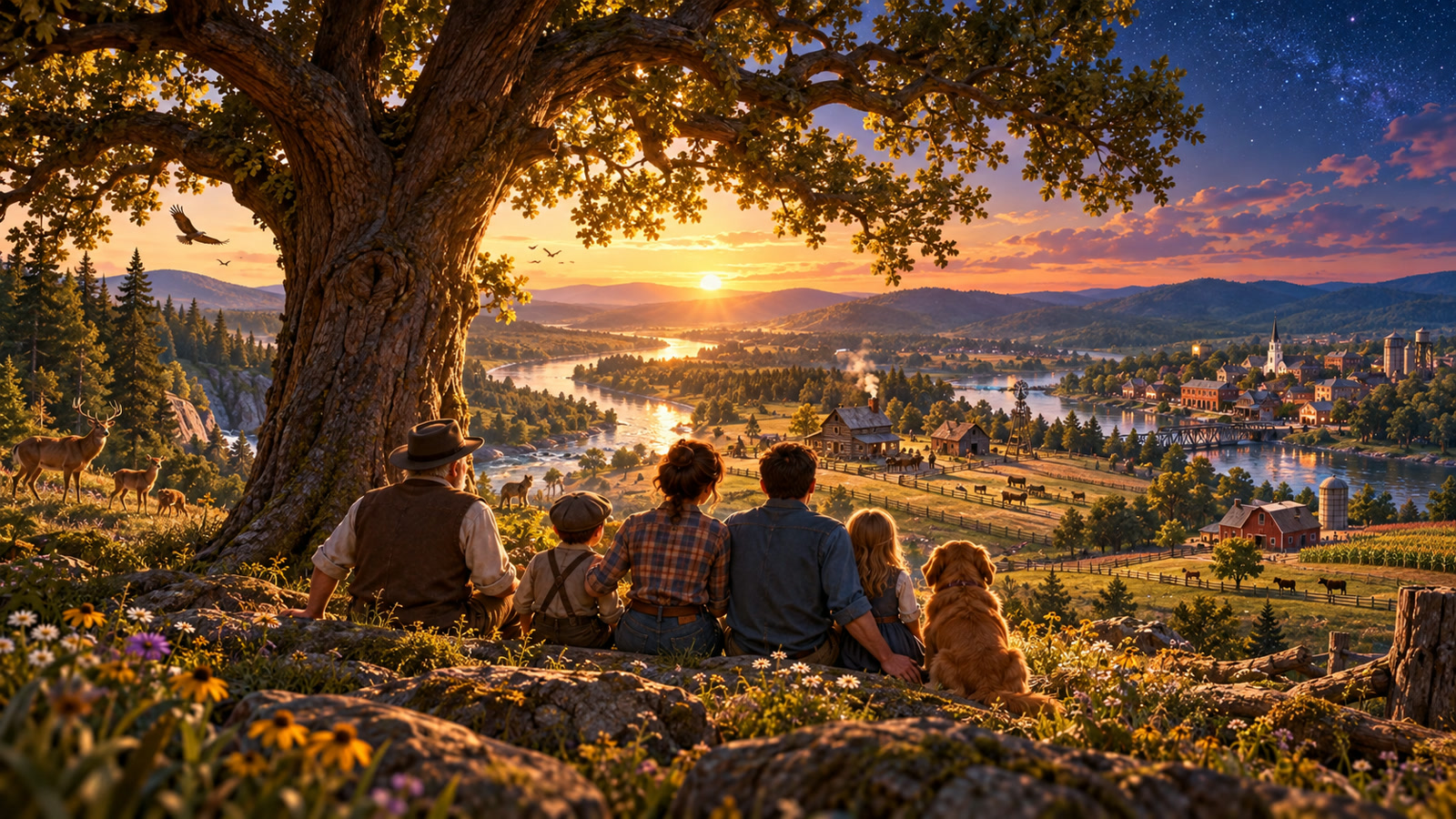 Concept art of a multigenerational family beneath an old oak overlooking one living landscape across history