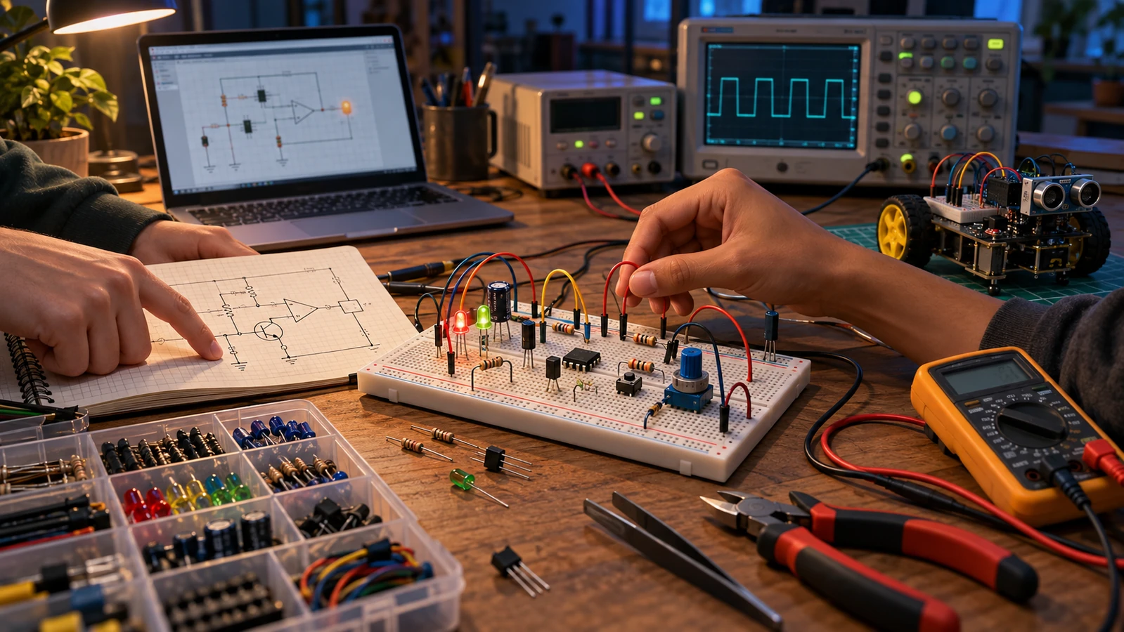 Concept art of a realistic electronics workbench with a solderless breadboard, components, schematic, oscilloscope, multimeter, and test project