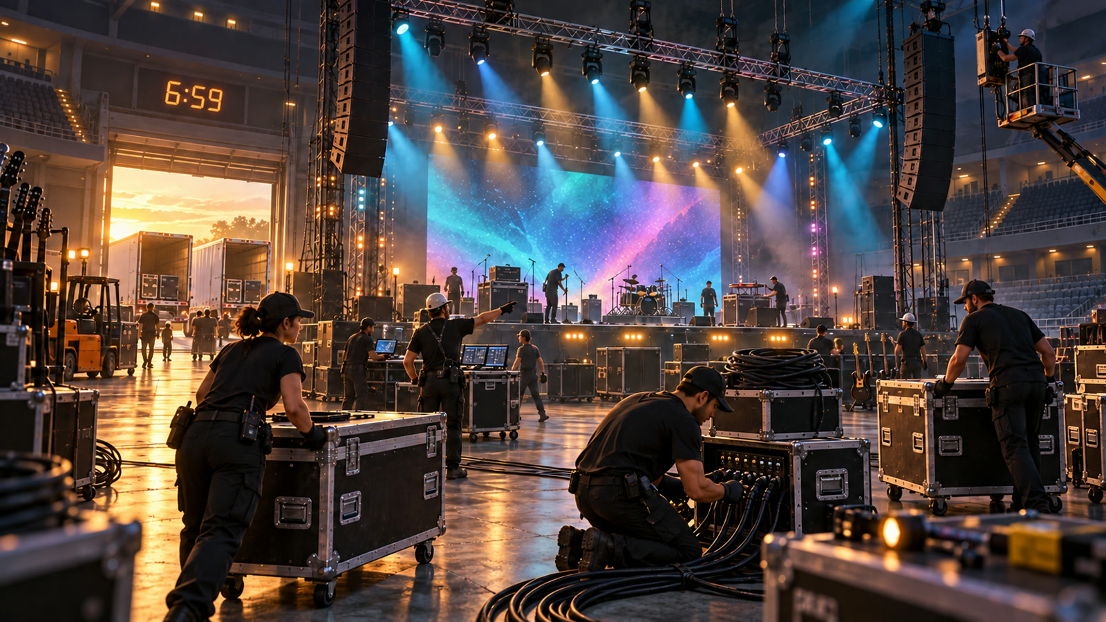 Concept art of a concert production crew building and testing a touring arena show before doors open